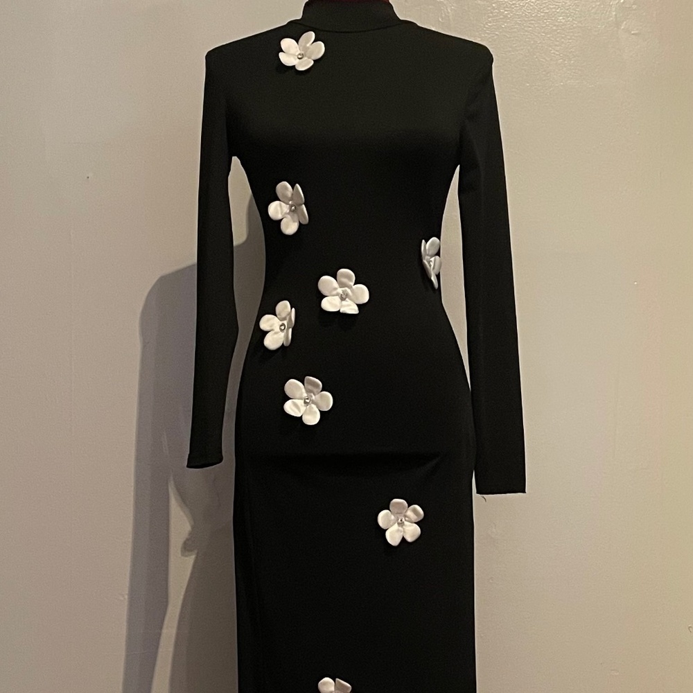 SHEIN White Floral Decor Black Stand Collar Long Sleeve Maxi Dress Size XXS - Picture 8 of 16